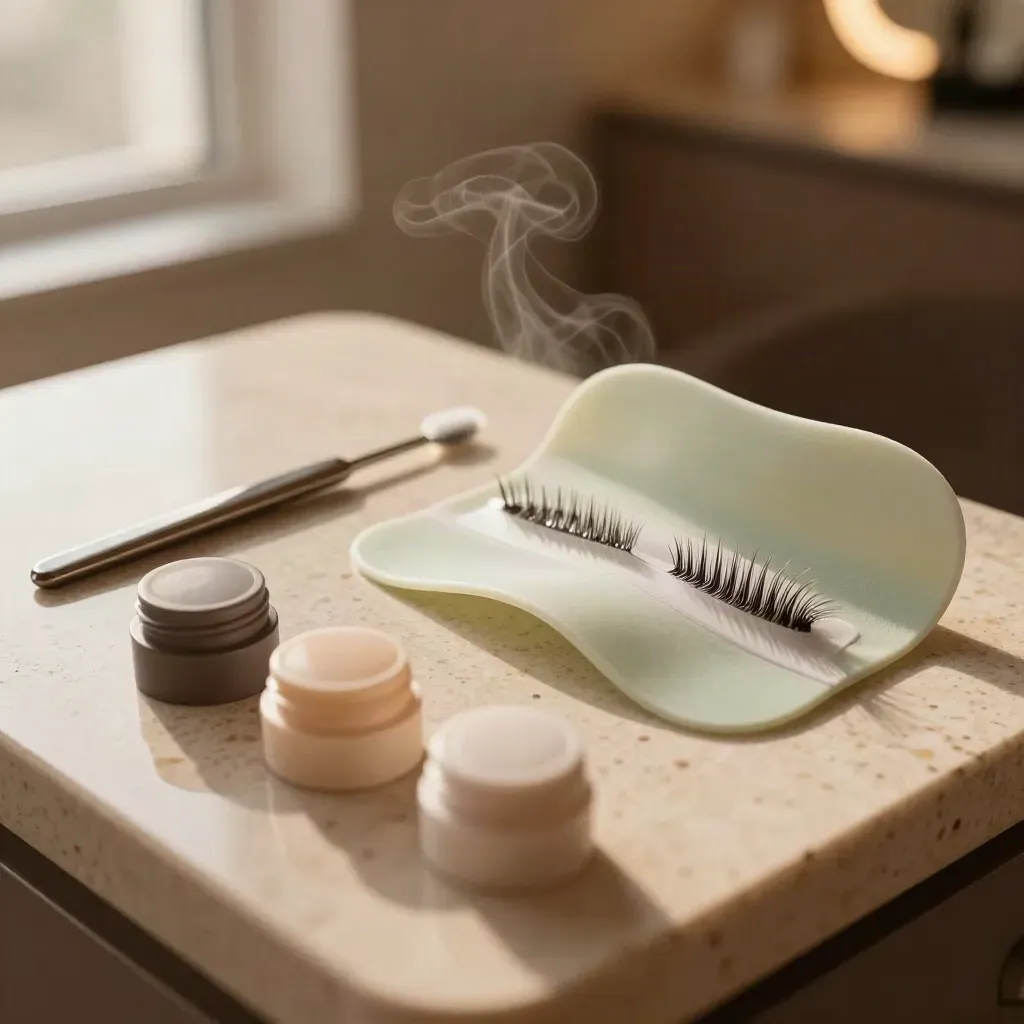 Flat lay dall’alto con silicone shield, ciglia sollevate, spoolie e microcontenitori su piano opaco.
