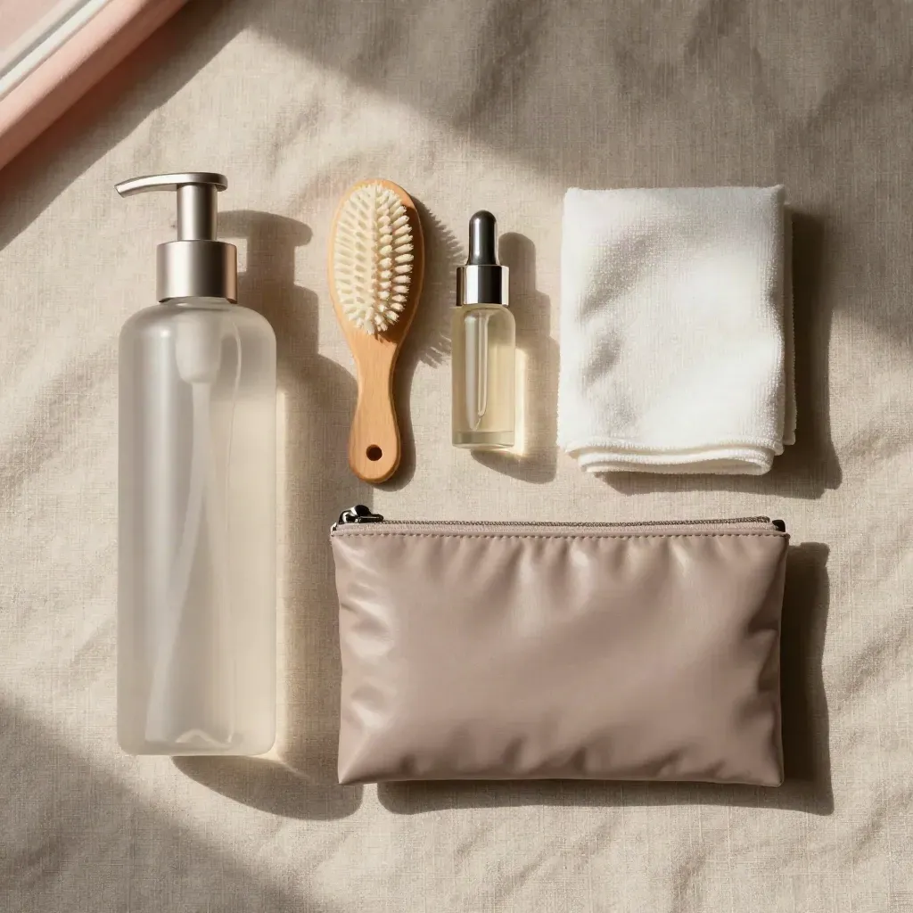 Kit aftercare ordinato su lino grezzo con cleanser, spoolie, siero e pouch morbida.