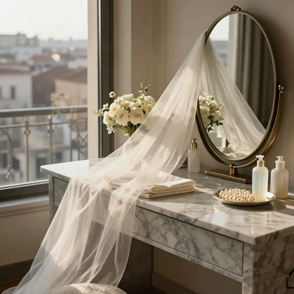 Suite nuziale a Milano con vanity in marmo, velo piegato, bouquet chiaro e flaconi opalini
