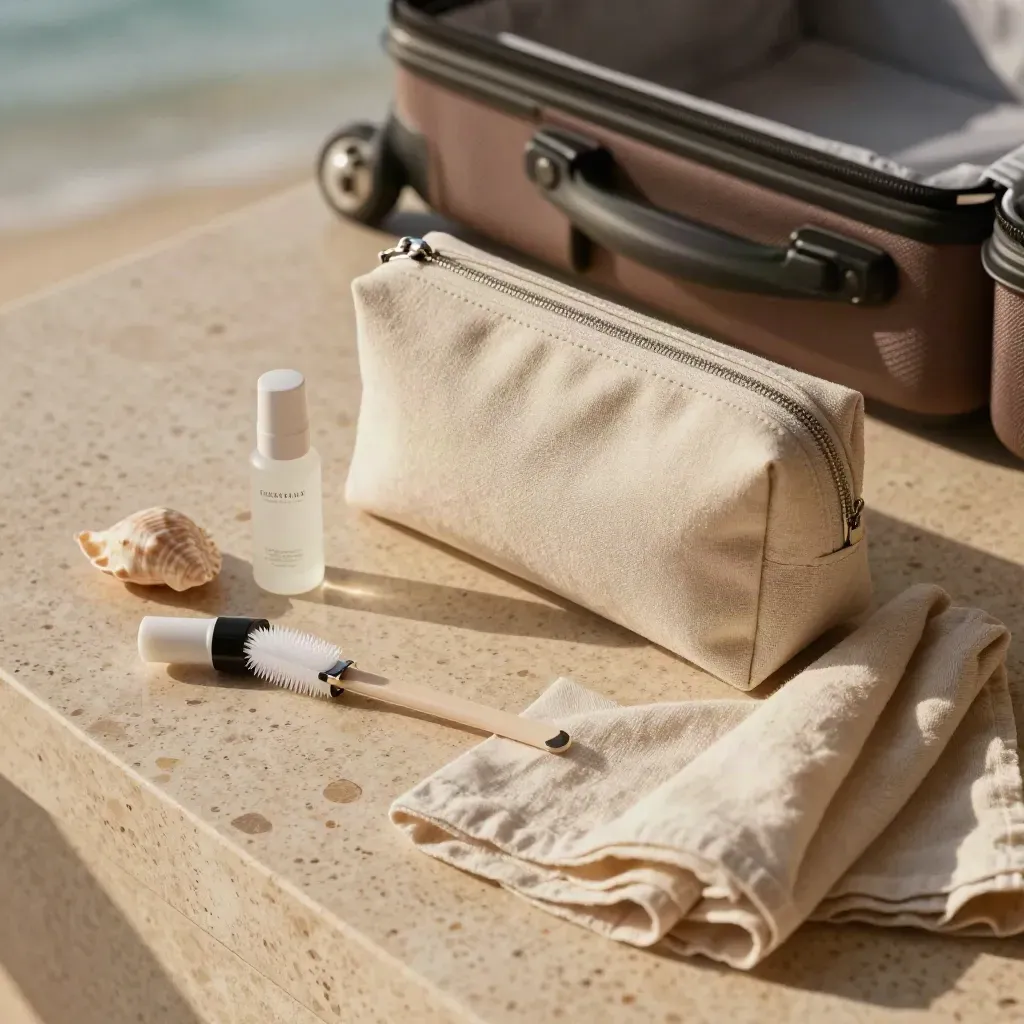 Kit per ciglia da viaggio con flacone mini, spoolie, siero, panno di lino e conchiglia su travertino
