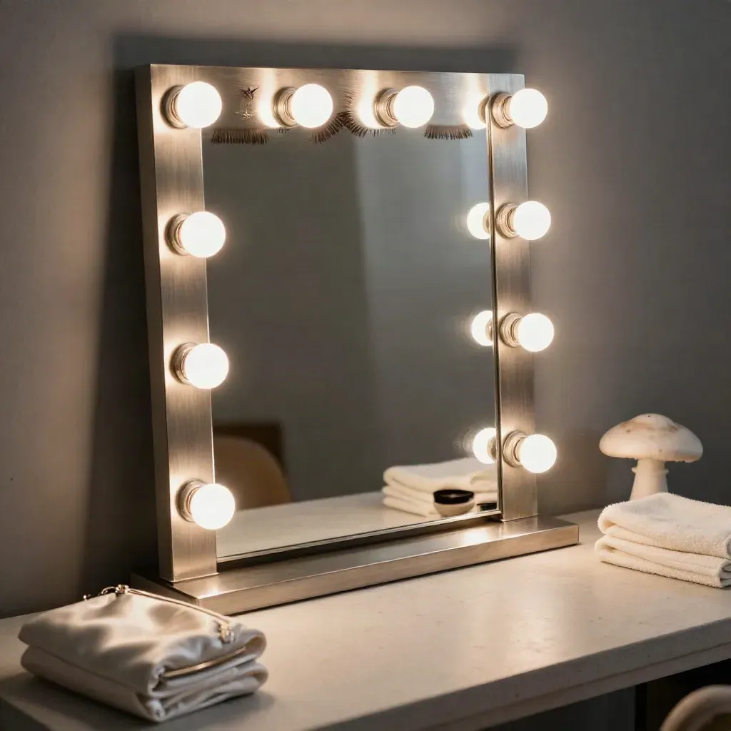 Specchiera da evento con lampadine, ventagli di ciglia, tintura scura e clutch satinata su vanity elegante.