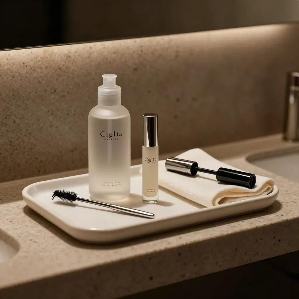 Tray con cleanser, siero, pettine lash, panno piegato e mascara in ombra su travertino.