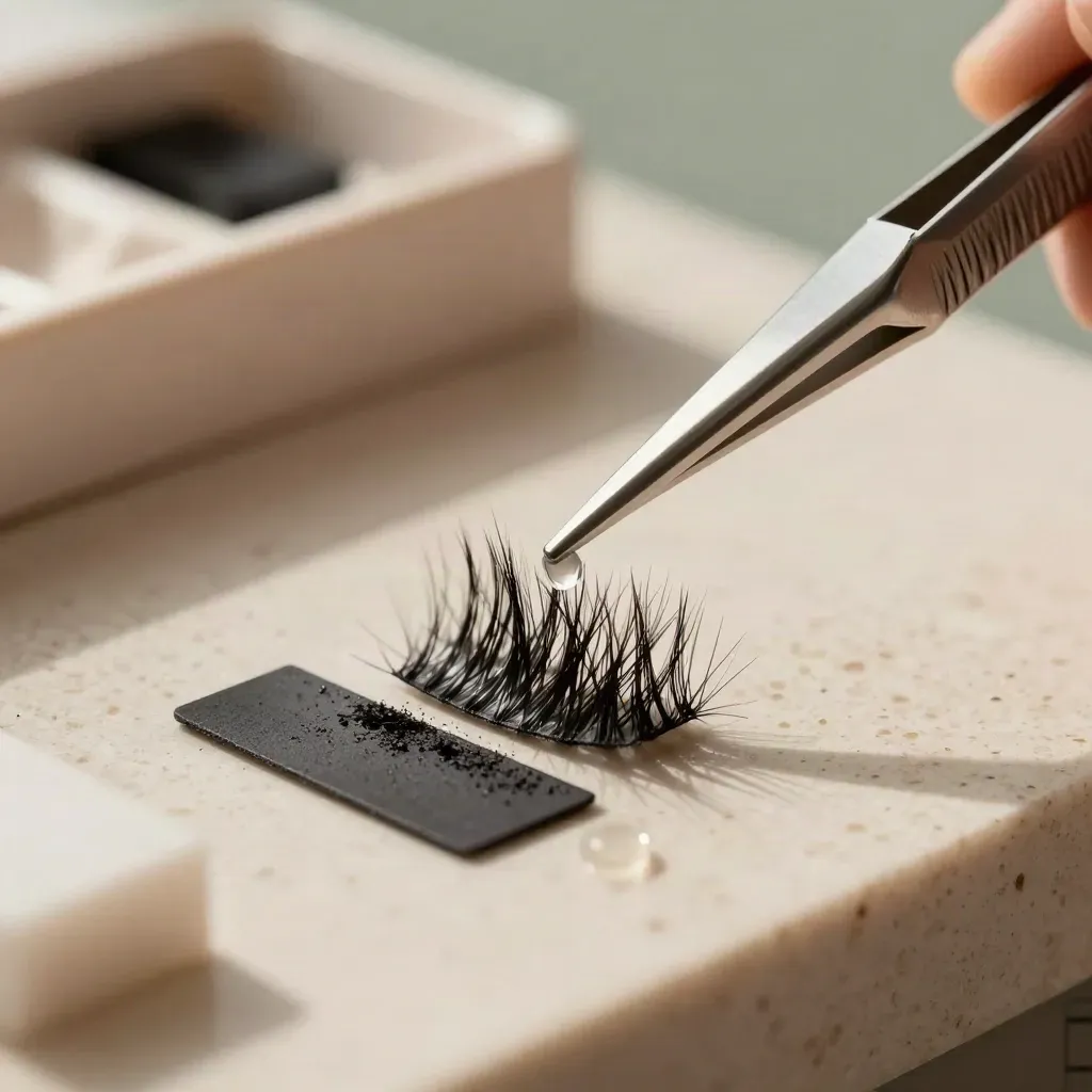 Pinzette, ventaglio di ciglia e tile lash su pietra chiara in macro.