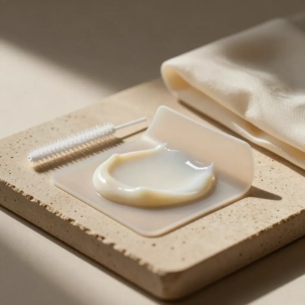 Pad in silicone, lozione lifting, spoolie e tessuto tecnico su vassoio, luce morbida.
