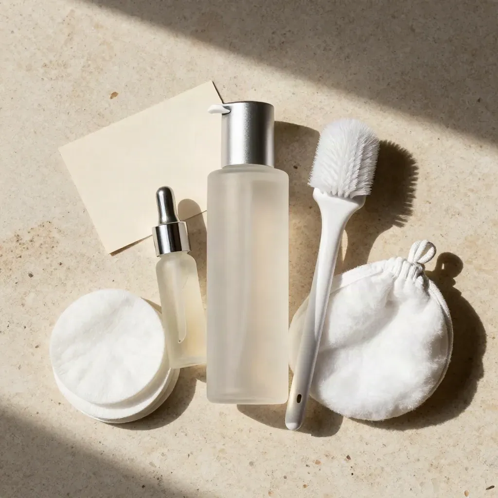 Flat lay premium di kit aftercare per ciglia con cleanser, siero, spoolie, pads e pouch in cotone.