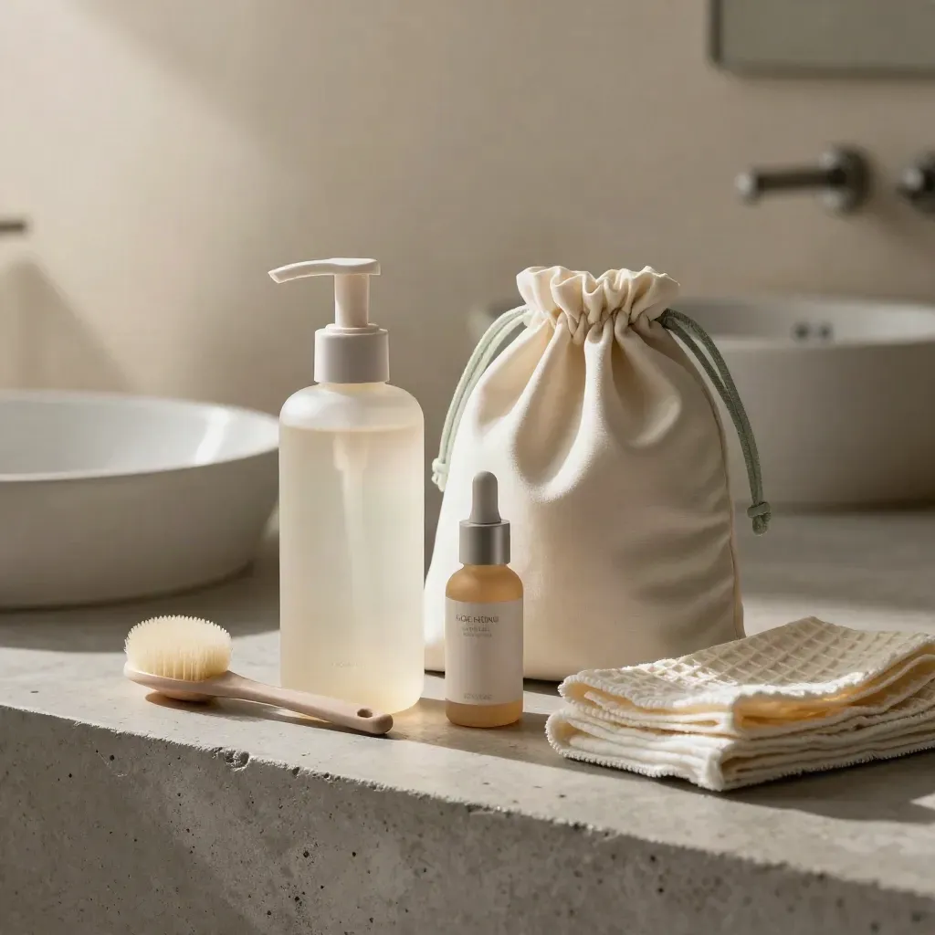 Kit aftercare con siero, cleanser, spoolie, pochette in cotone e panno su mensola chiara