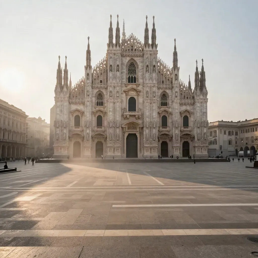 Il Duomo di Milano all’alba sopra una piazza marmorea vuota e velata di foschia.