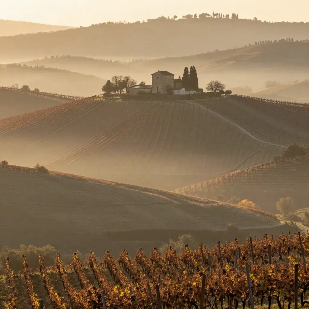 Colline del Piemonte con vigne nella bruma e una cappella lontana all’alba