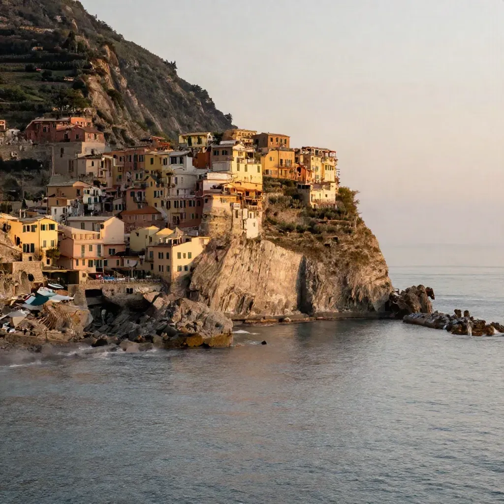 Costiera ligure al tramonto con borgo pastello alto e mare calmo in basso