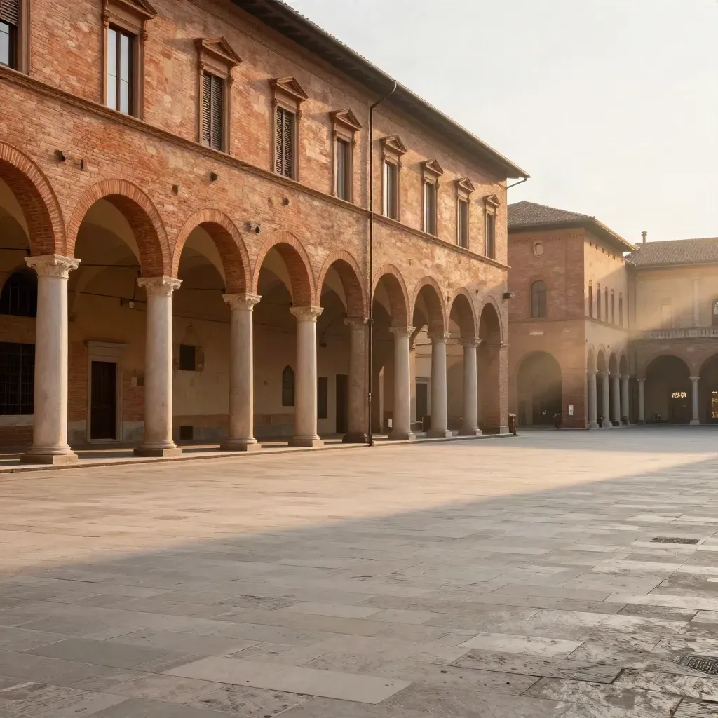 Portici di Bologna in luce calda su piazza vuota, con mattoni e pietra morbidi.